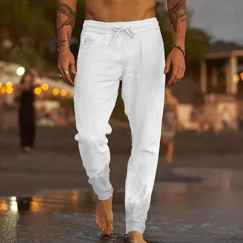 Fermín, Pantalón de lino de corte cónico, color blanco, vista frontal, vista alternativa