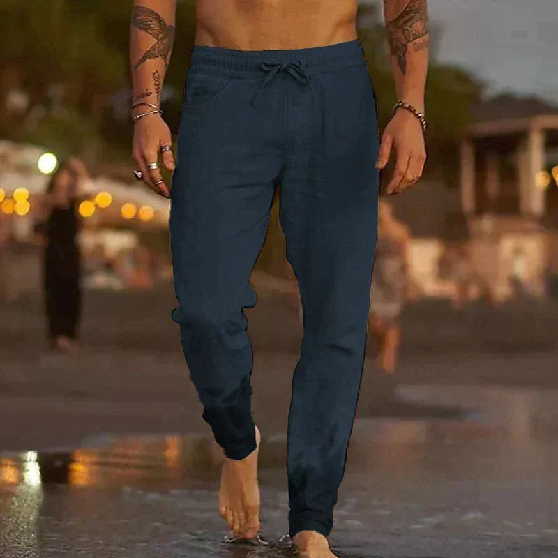 Fermín, Pantalón de lino de corte cónico, color azul marino, vista frontal, vista principal