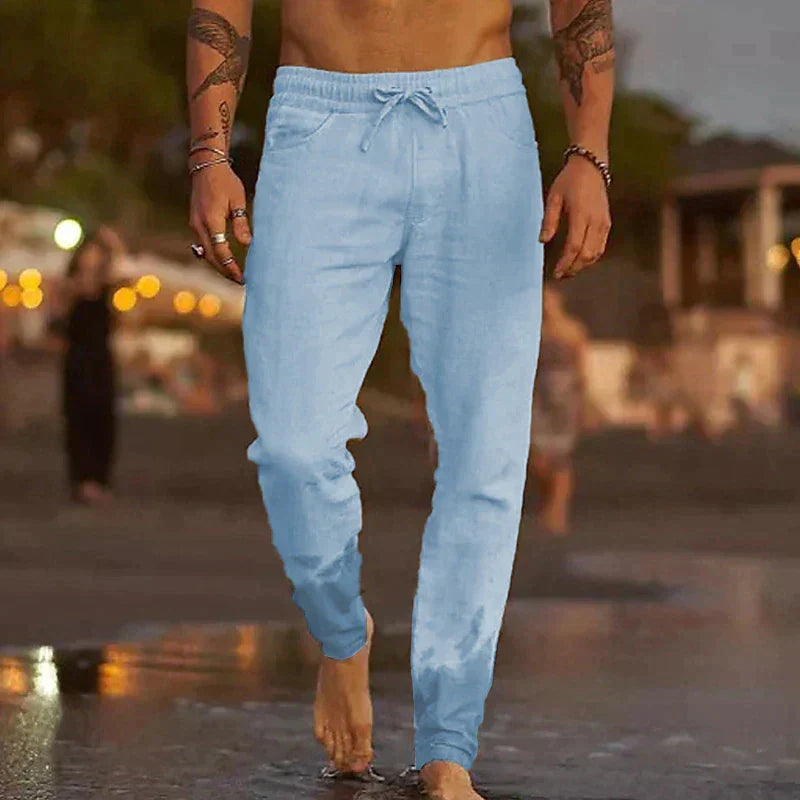 Fermín, Pantalón de lino de corte cónico, color azul cielo, vista frontal, vista complementaria