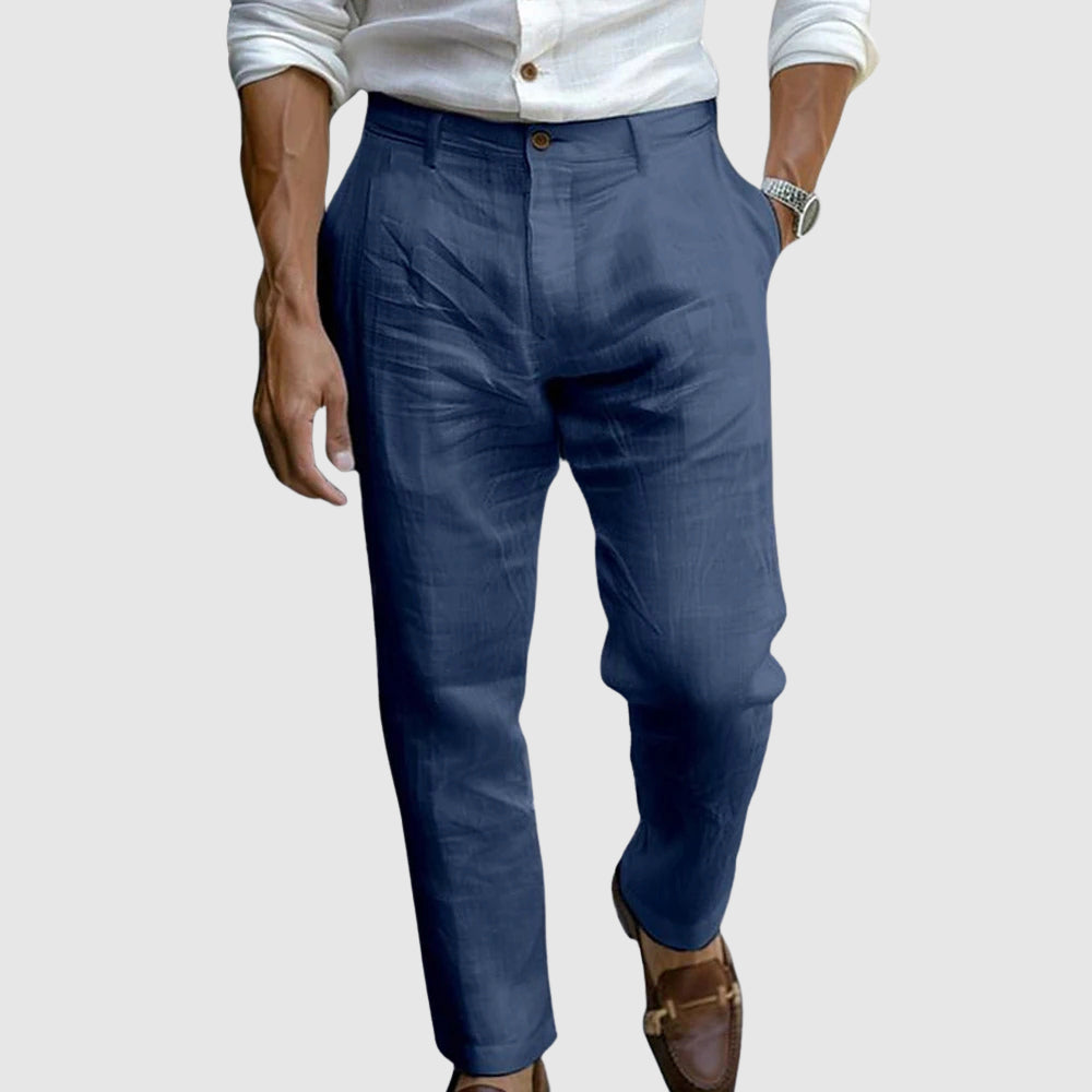 Rafael, Pantalón de pinzas estilo Riviera, color azul marino, vista frontal, vista complementaria