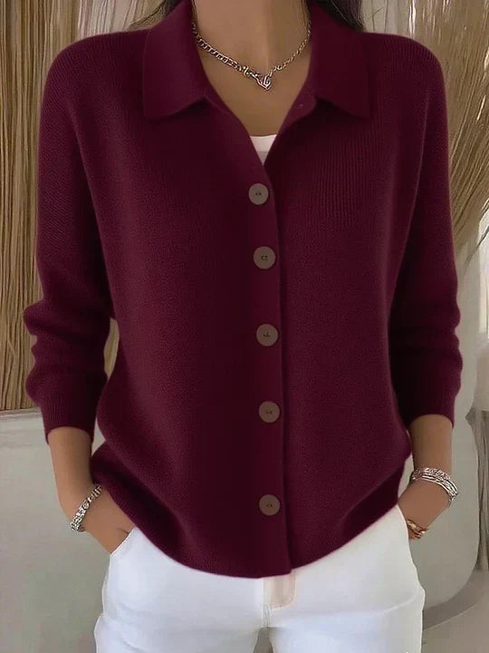 Jimena | Cárdigan de punto con cuello camisero, color Burdeos, vista del producto, vista principal