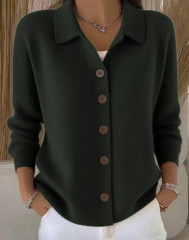 Jimena | Cárdigan de punto con cuello camisero, color Verde, vista del producto, detalle del diseño