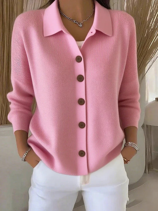 Jimena | Cárdigan de punto con cuello camisero, color Rosa, vista del producto, vista complementaria