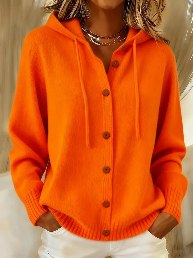 Manuela | Cárdigan de punto con capucha y botones, color Naranja, vista del producto, vista alternativa