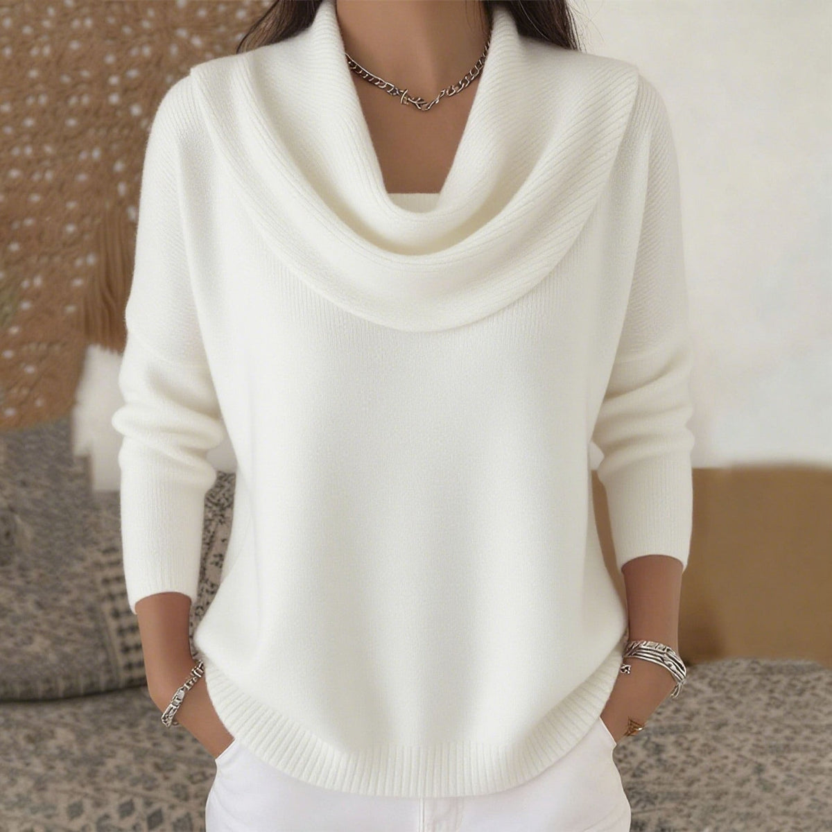 Beatriz | Jersey de cuello drapeado, color Blanco, vista del producto, vista alternativa