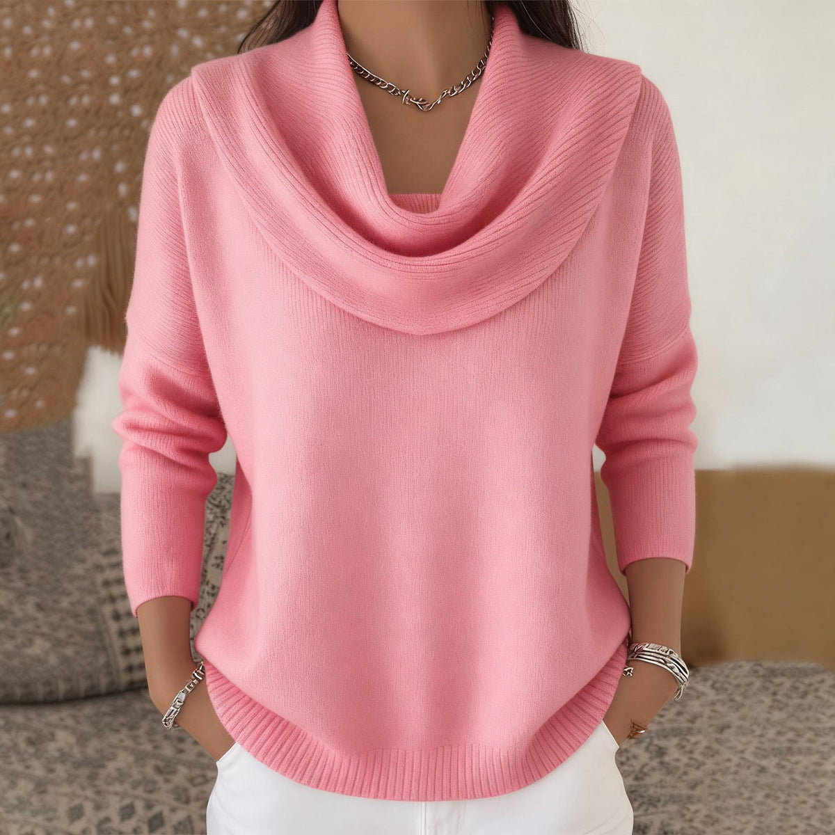 Beatriz | Jersey de cuello drapeado, color Rosa, vista del producto, vista complementaria