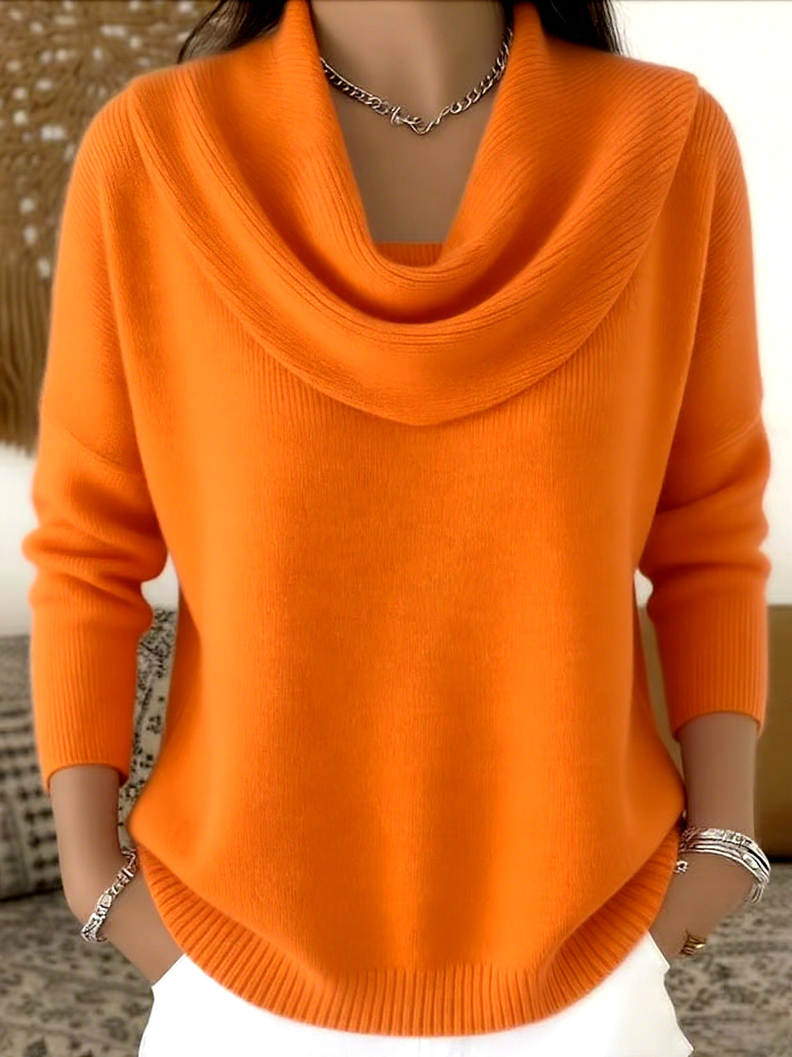 Beatriz | Jersey de cuello drapeado, color Naranja, vista del producto, detalle del diseño