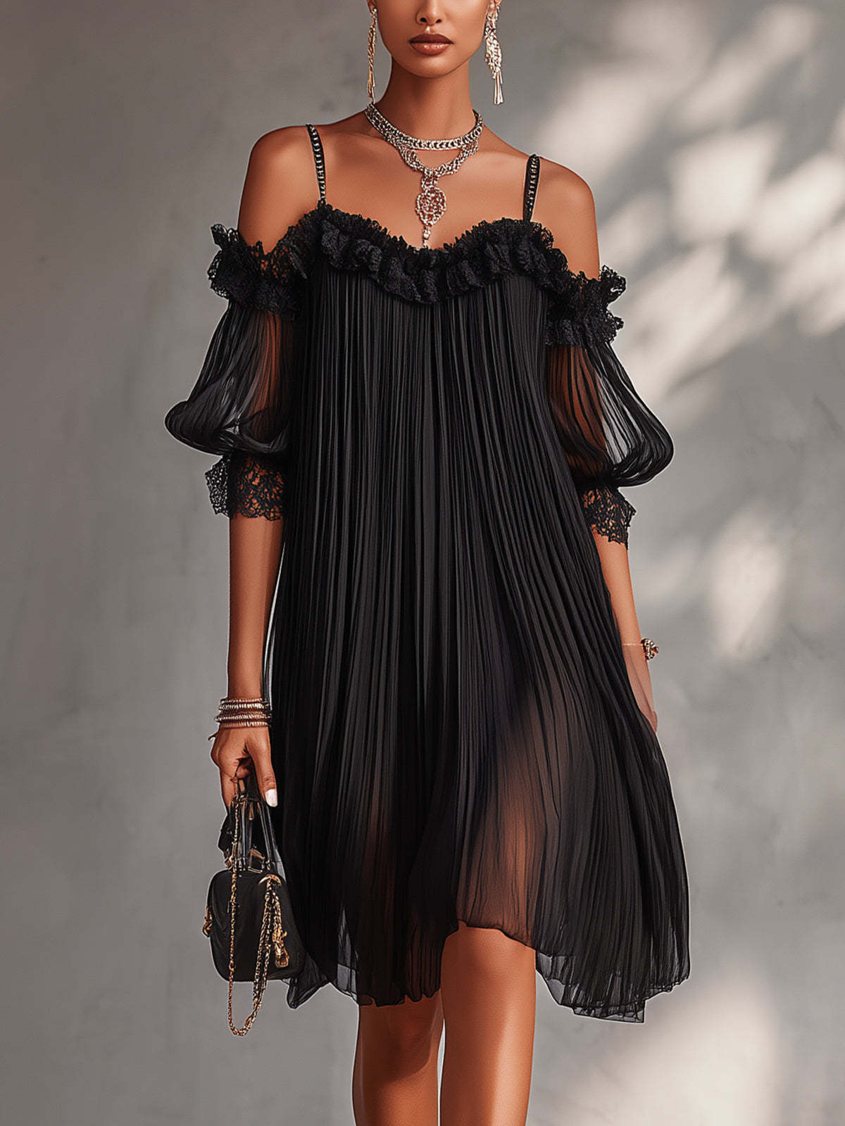 Vestido mini negro plisado con hombros descubiertos Celia, vista 1