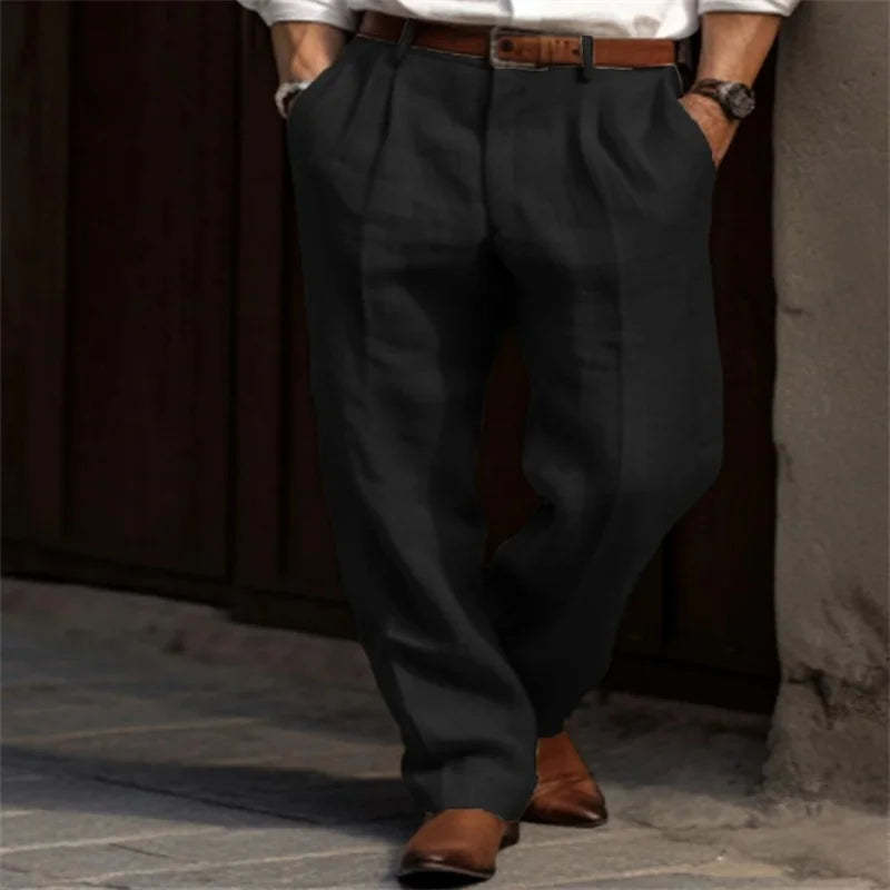 Alonso, Pantalón de lino con pinzas, color negro, vista frontal con cinturón