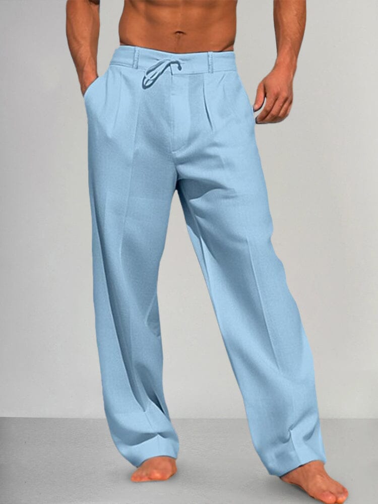 Salvador, Pantalón recto de algodón y lino, color azul claro, vista frontal, detalle del diseño