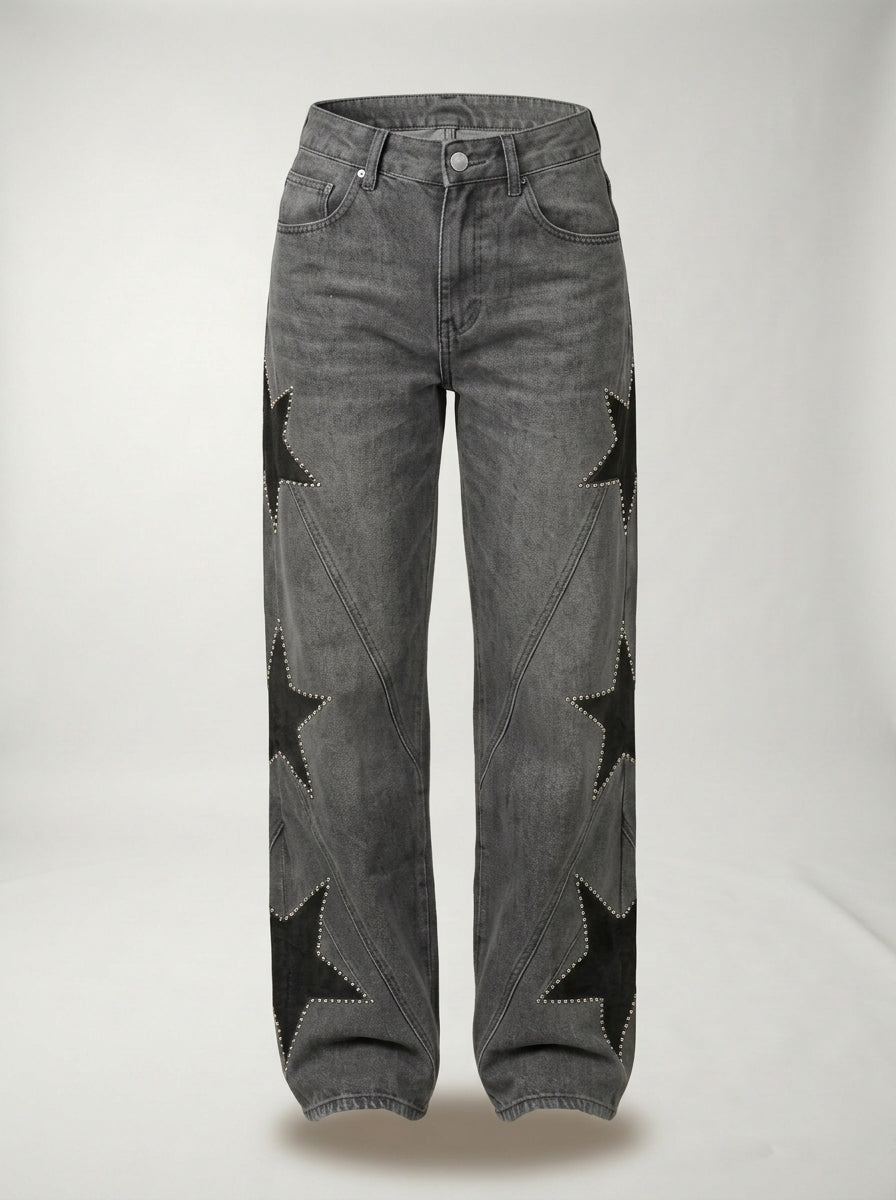 Vaqueros grises Estela con estrellas negras y strass, vista frontal