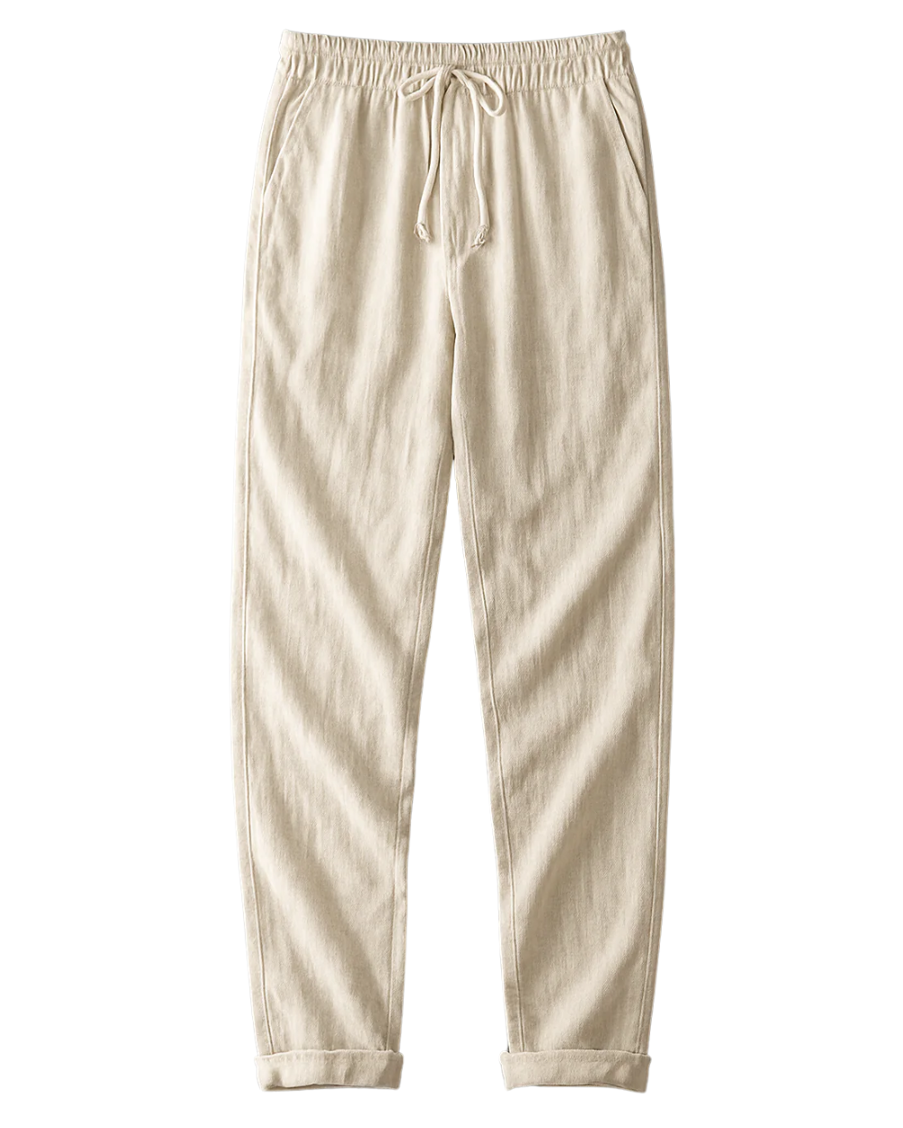 Simón, Pantalón de lino con cintura de cordón, color blanco roto, recorte del producto, detalle del diseño