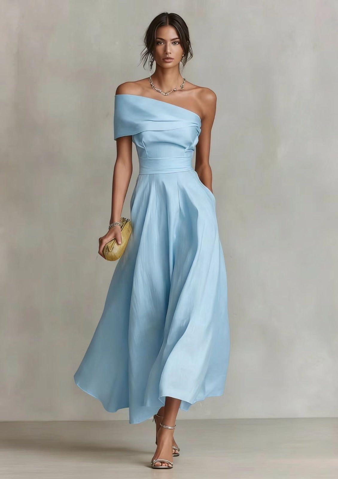 Marta | Vestido midi de un hombro en Azzurro, vista principal