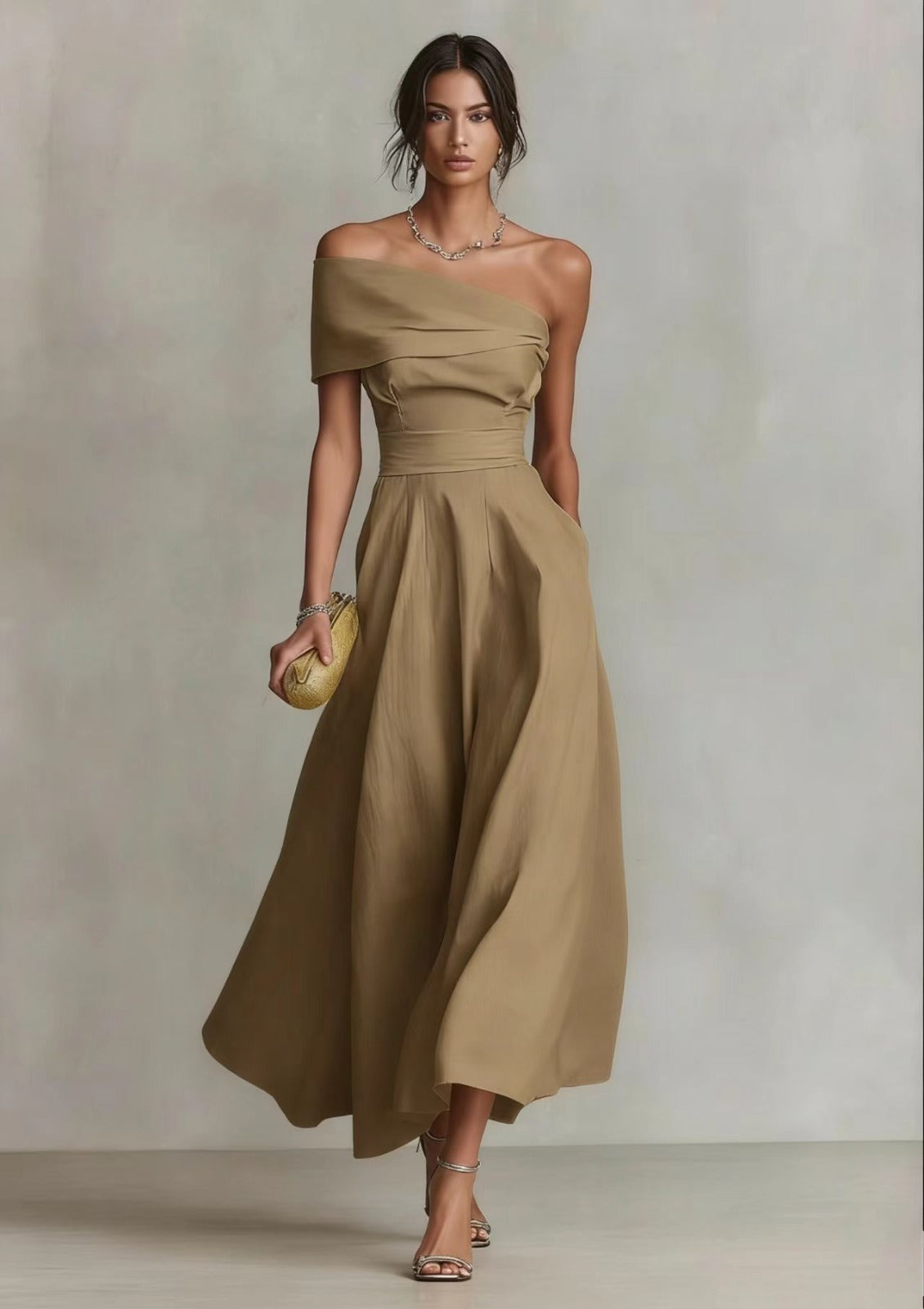 Marta | Vestido midi de un hombro en Kaki, vista complementaria