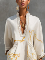 Vestido mini con estampado dorado y ribetes de crochet Leonor en color blanco, vista 7