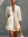 Vestido mini con estampado dorado y ribetes de crochet Leonor en color blanco, vista 1