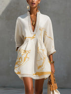 Vestido mini con estampado dorado y ribetes de crochet Leonor en color blanco, vista 1