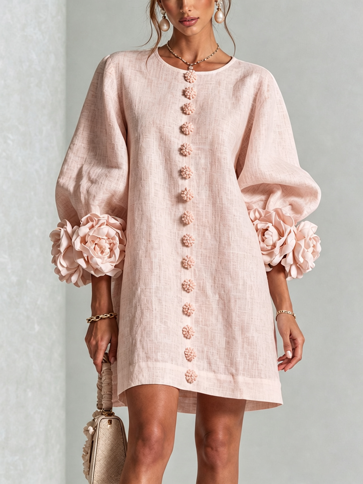 Vestido mini con botones y puños florales Florencia en color rosa, vista 5