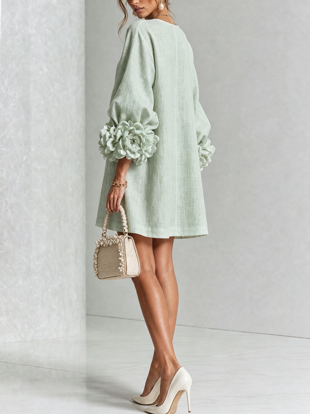 Vestido mini con botones y puños florales Florencia en color verde salvia, vista 34