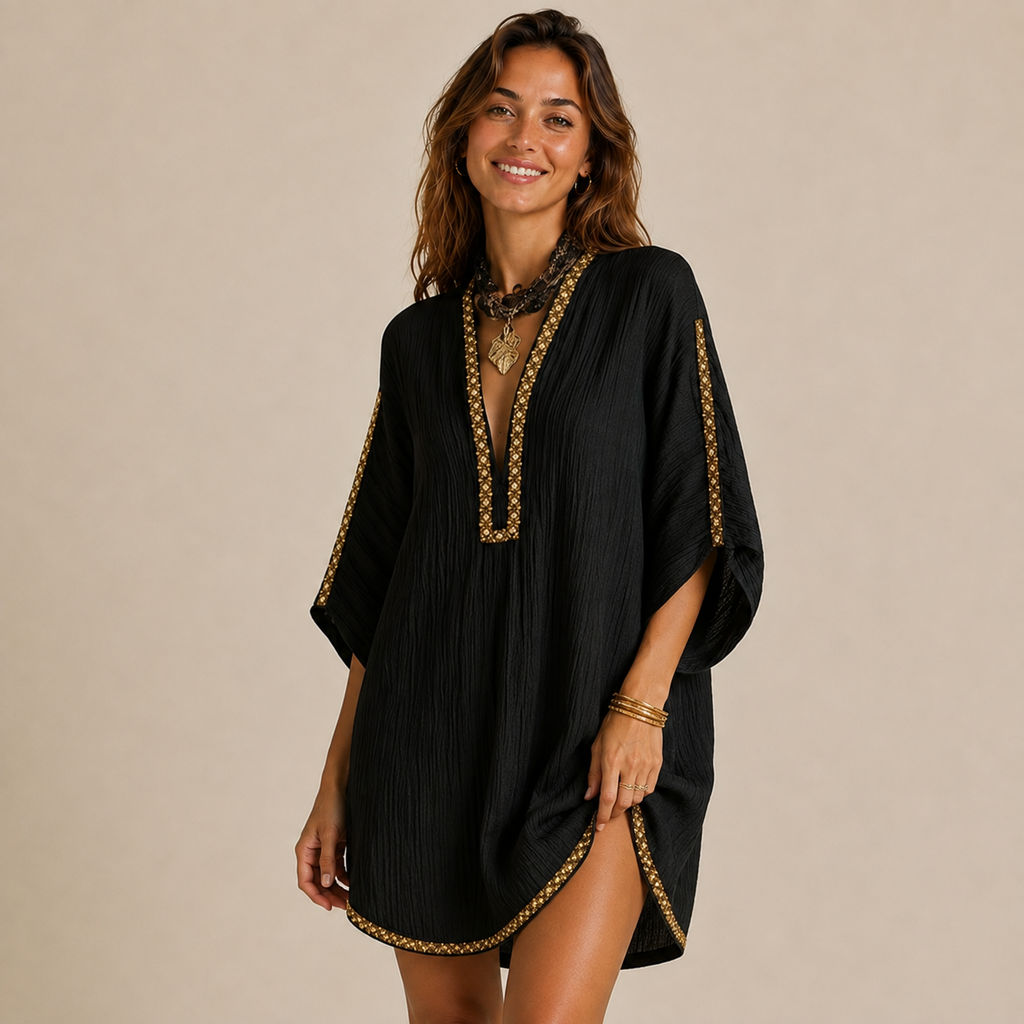 Vestido mini caftán con bordado dorado Inés, vista principal