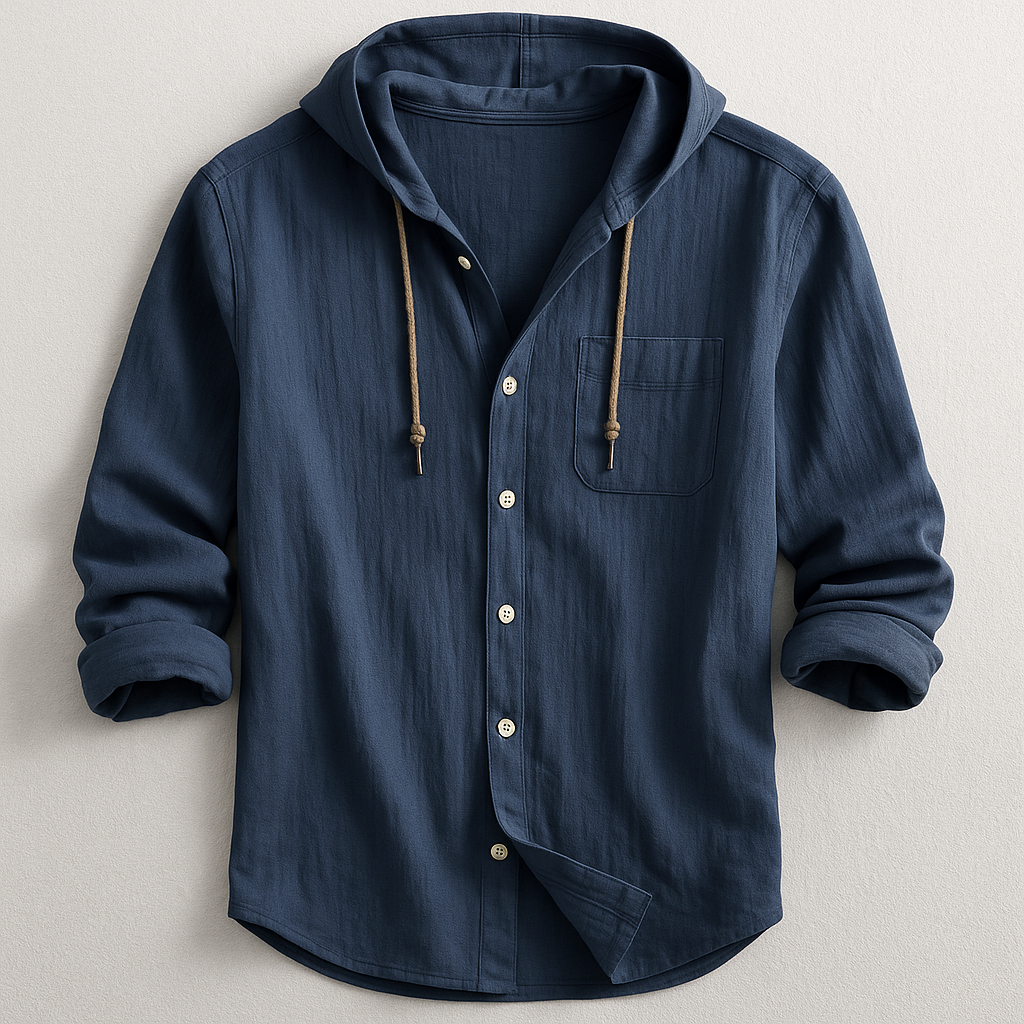 Gael, Camisa abotonada con capucha, color azul marino, vista frontal con capucha y bolsillo de pecho