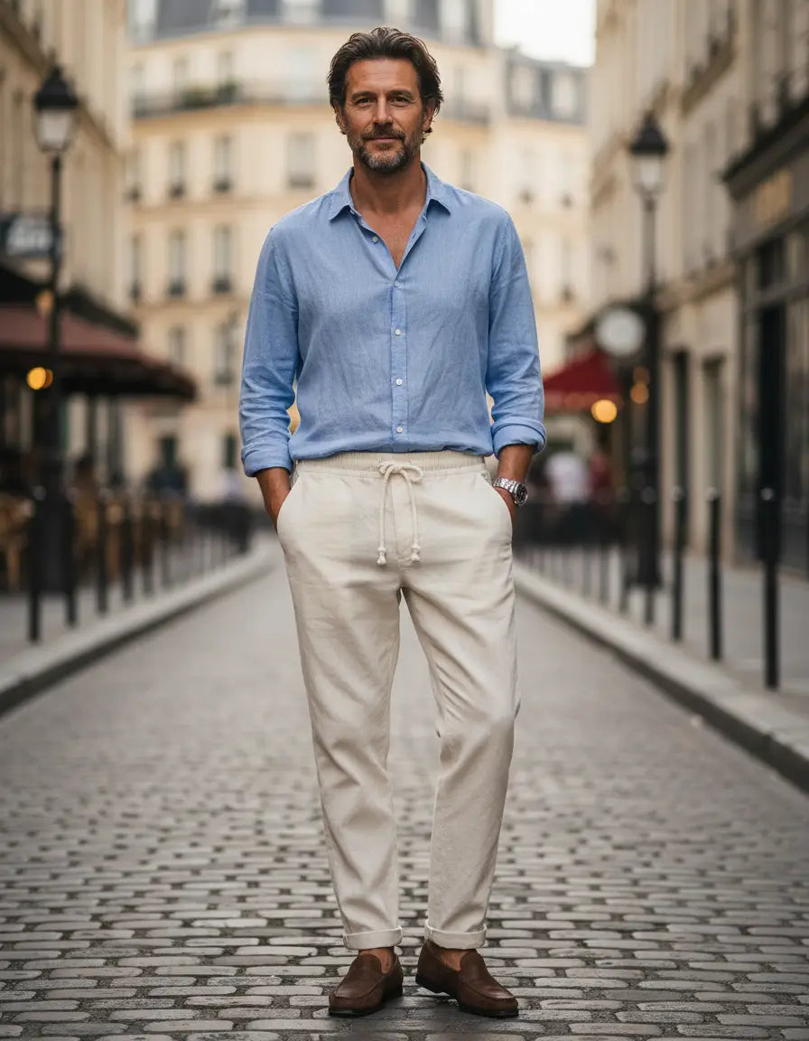 Simón, Pantalón de lino con cintura de cordón, color beige, estilismo urbano de cuerpo entero, vista alternativa