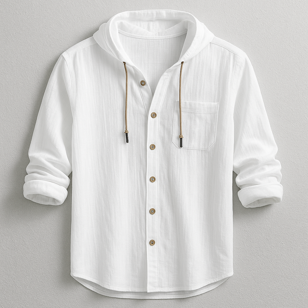 Gael, Camisa abotonada con capucha, color blanco, vista frontal con capucha y bolsillo de pecho