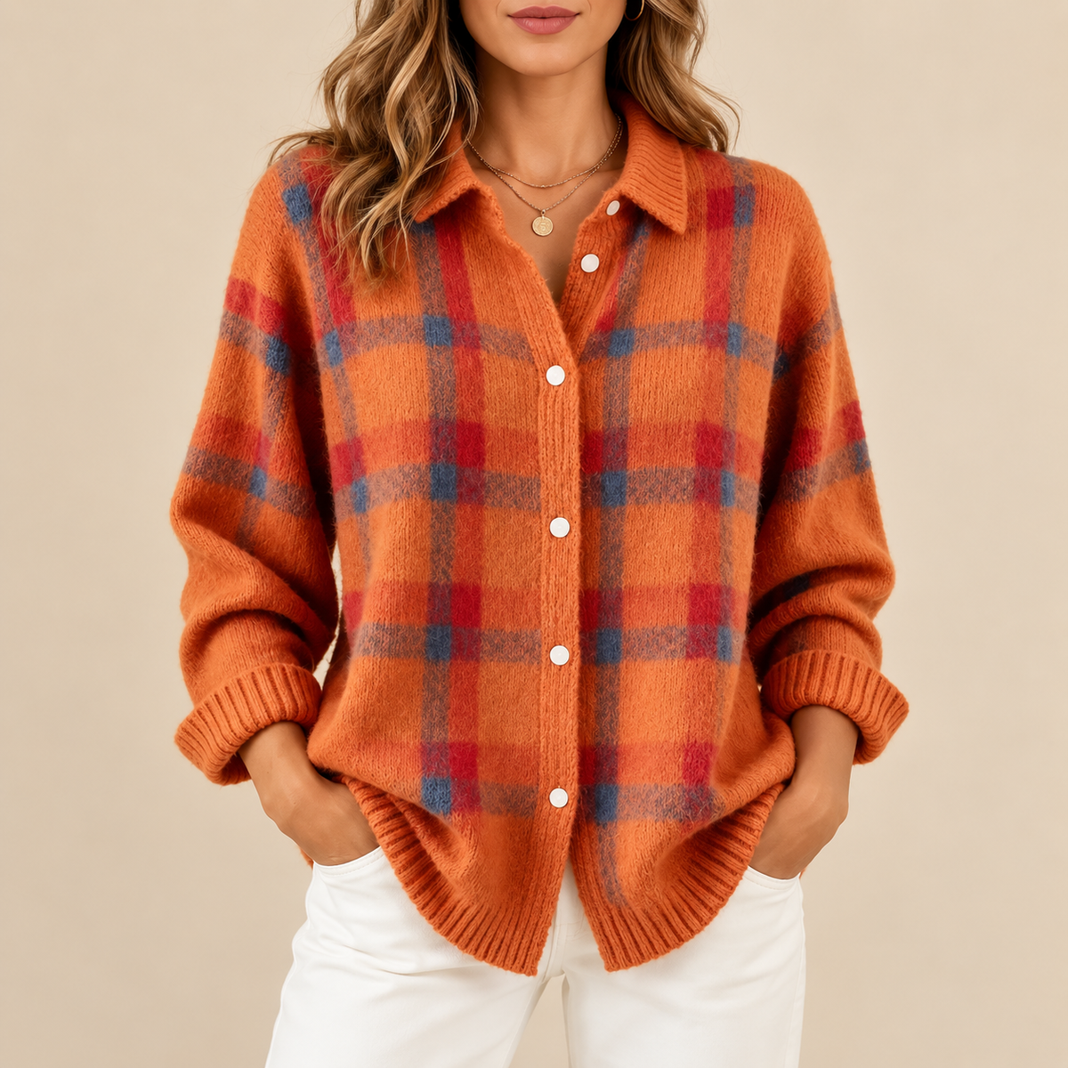 Raquel | Cárdigan de cuadros con cuello camisero