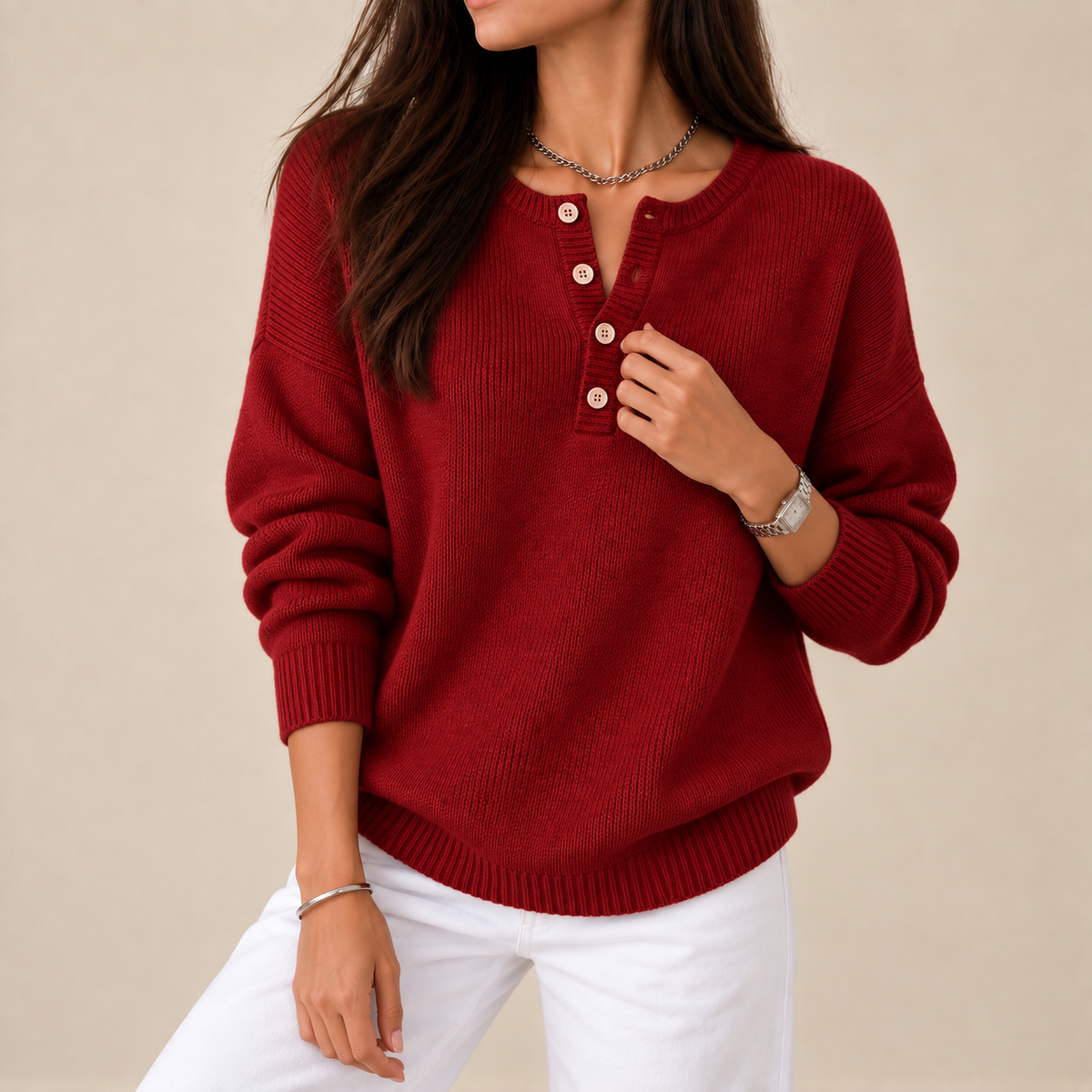 Jersey de punto con escote Henley Elisa, detalle del diseño