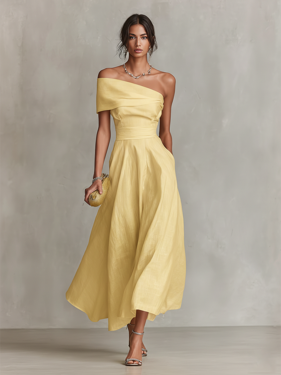 Marta | Vestido midi de un hombro en Amarillo, vista principal