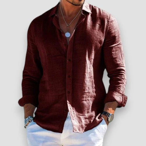 Camisa de lino hombre cuello mao Daniel, detalle del diseño