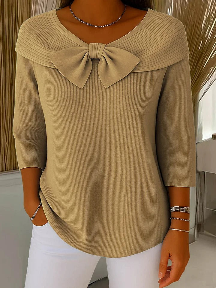 Mónica | Jersey con cuello marinero y lazo, color Caqui, vista del producto, detalle del diseño
